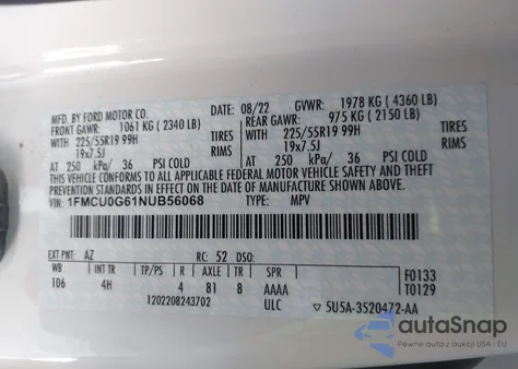 2022 Ford Escape Se from USA, damaged, VIN 1FMCU0G61NUB56068